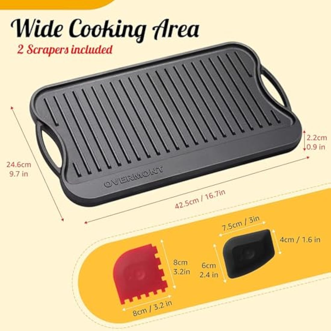 Overmont Pre-Seasoned Cast Iron Reversible Griddle Grill Pan, 17x9.8 Inch