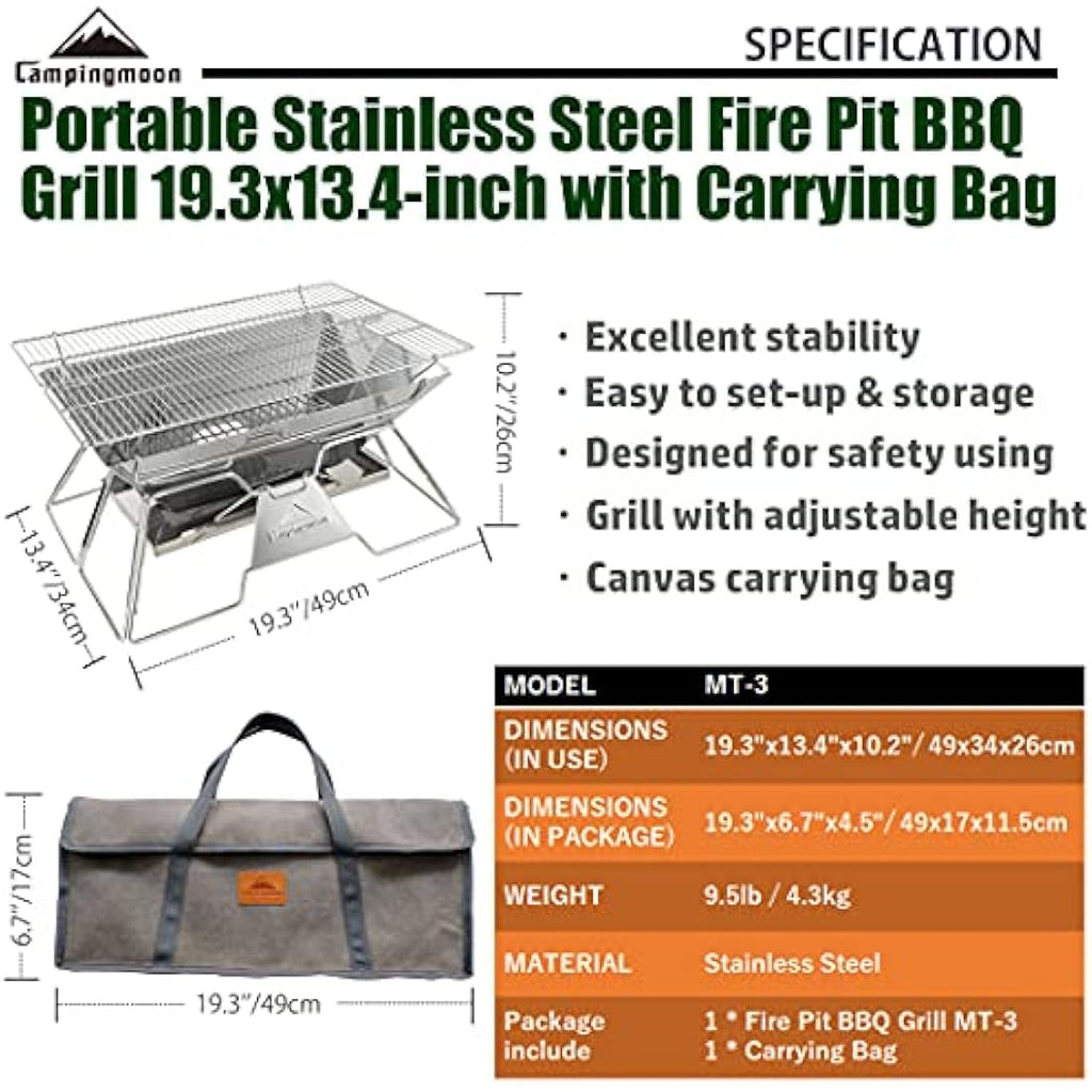 CAMPINGMOON Portable Stainless Steel Fire Pit & Foldable BBQ Grill MT-3