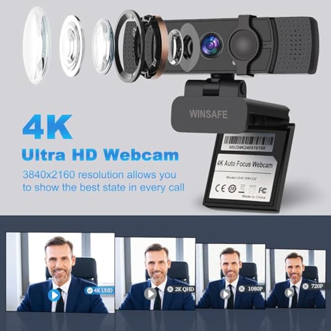 WINSAFE 4K UHD Webcam | AI Auto Focus & Dual Noise-Canceling Mics