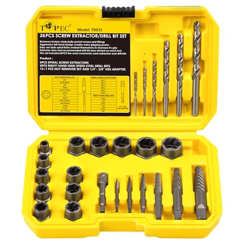 Topec 26-Piece Broken Bolt Extractor Set | Stripped Screw & Nut Remover Kit