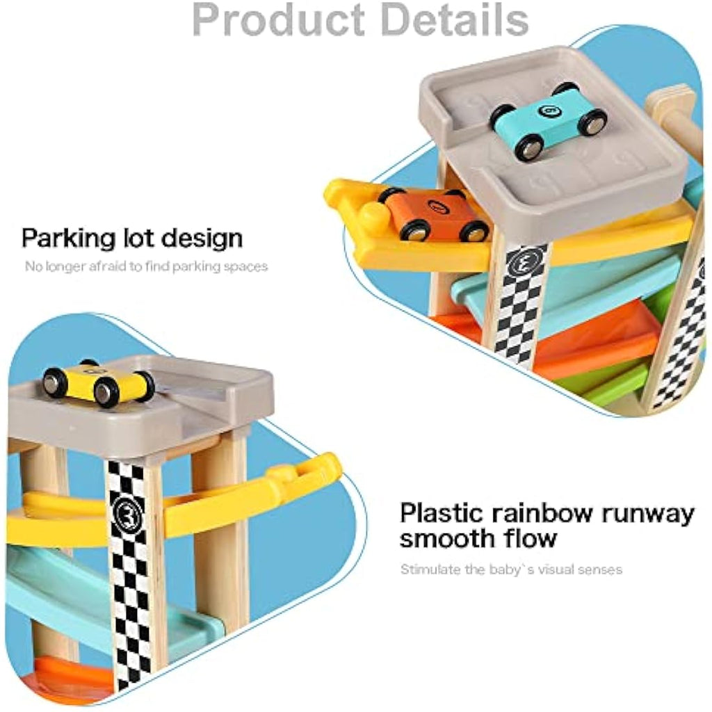 Top Bright Wooden Car Ramp Racer – Toddler Educational Toy with 4 Cars