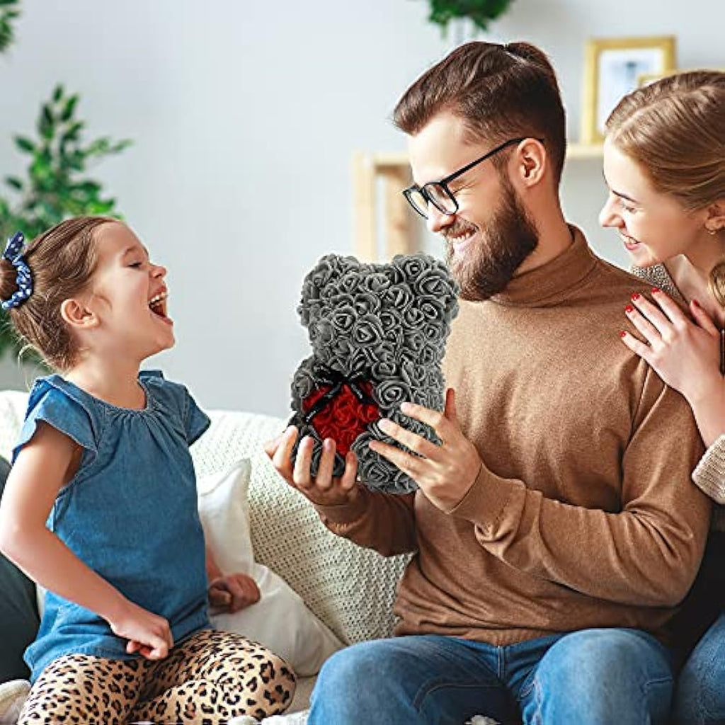 Rose Teddy Bear – Handmade Artificial Flower Gift (Gray)