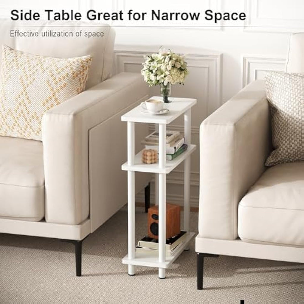APICIZON Narrow Side Table | 3-Tier Slim End Table with Magazine Rack, White