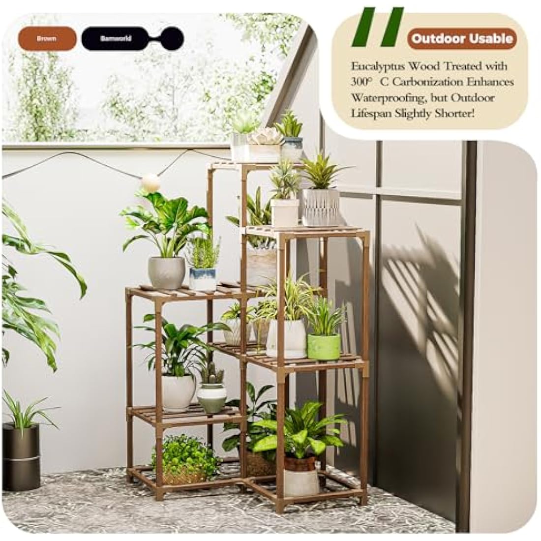 Bamworld 7-Tier Corner Plant Stand | Carbonized Eucalyptus Wood Rack