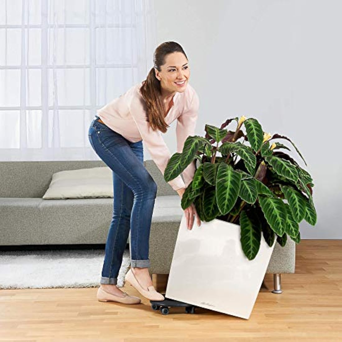 Lechuza CUBE 50 Self-Watering Planter – Large High-Gloss White Pot