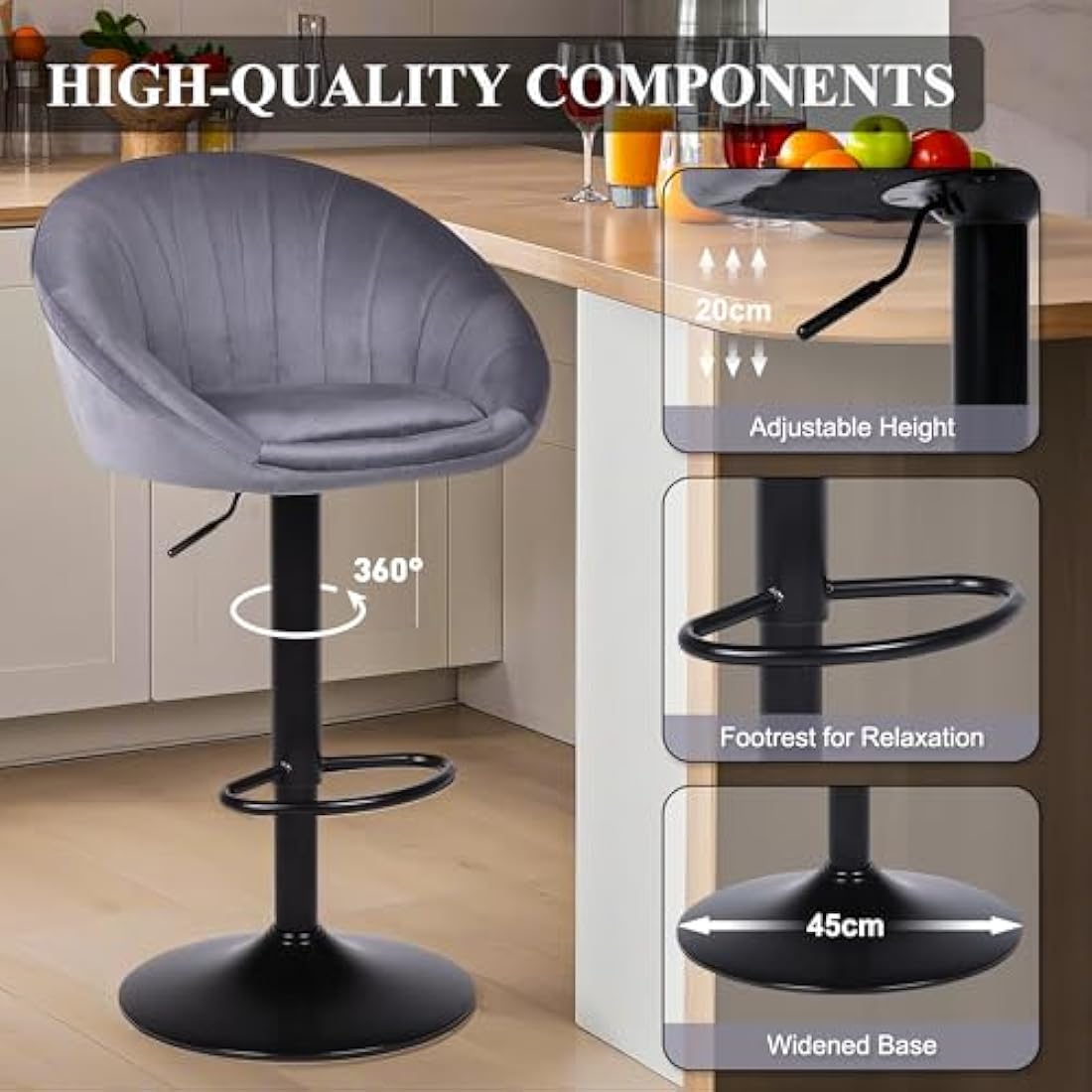 YERAIRR Grey Velvet Swivel Bar Stool | Adjustable Kitchen Stool