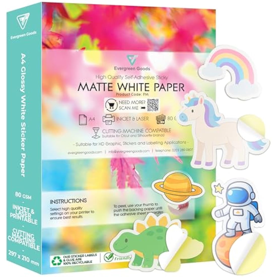 Evergreen Goods A4 White Matte Sticker Paper | 100 Sheets for Inkjet & Laser