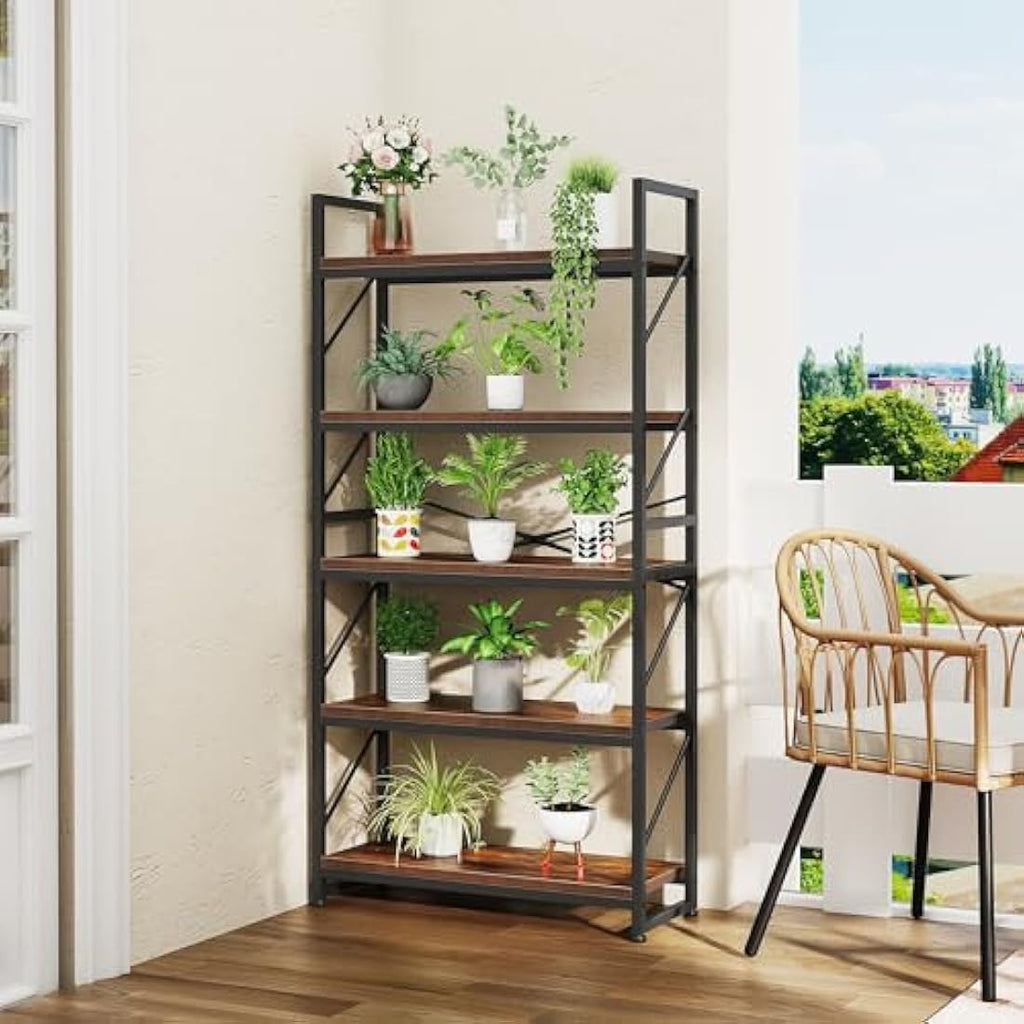 YITAHOME 5-Tier Industrial Bookcase | Rustic Brown Metal Storage Shelf