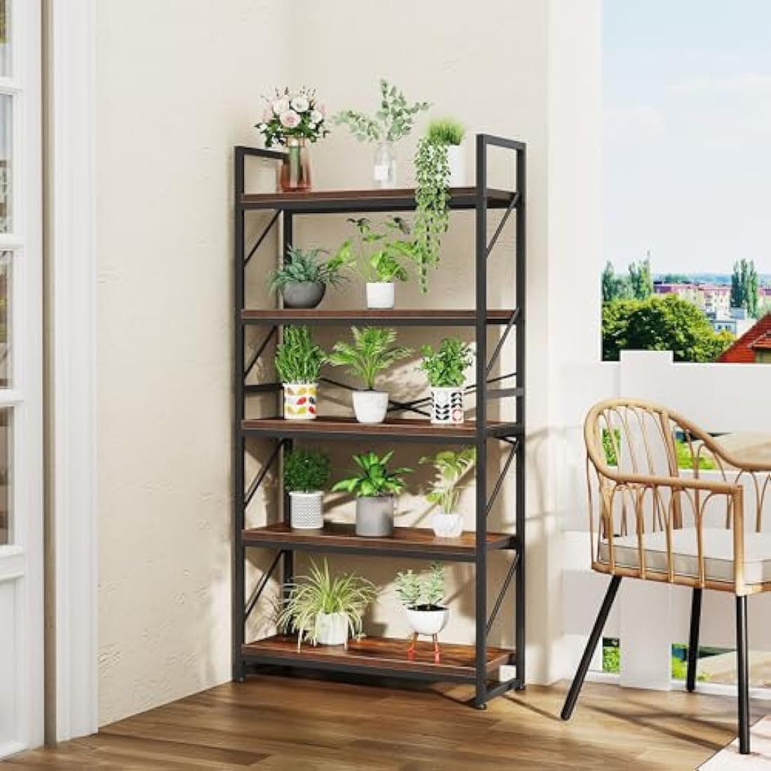 YITAHOME 5-Tier Industrial Bookcase | Rustic Brown Metal Storage Shelf