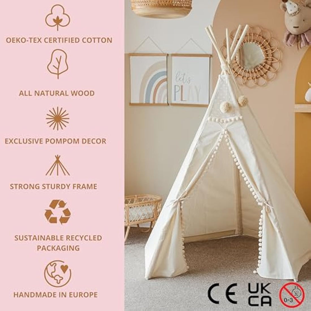 Kids Teepee Tent | Handmade Canvas Playhouse with Pom-Poms