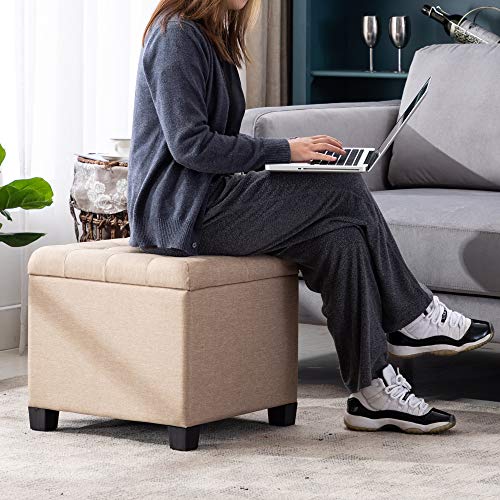 HNNHOME Linen Storage Ottoman Footstool – 45cm Cube Wooden Toy Chest