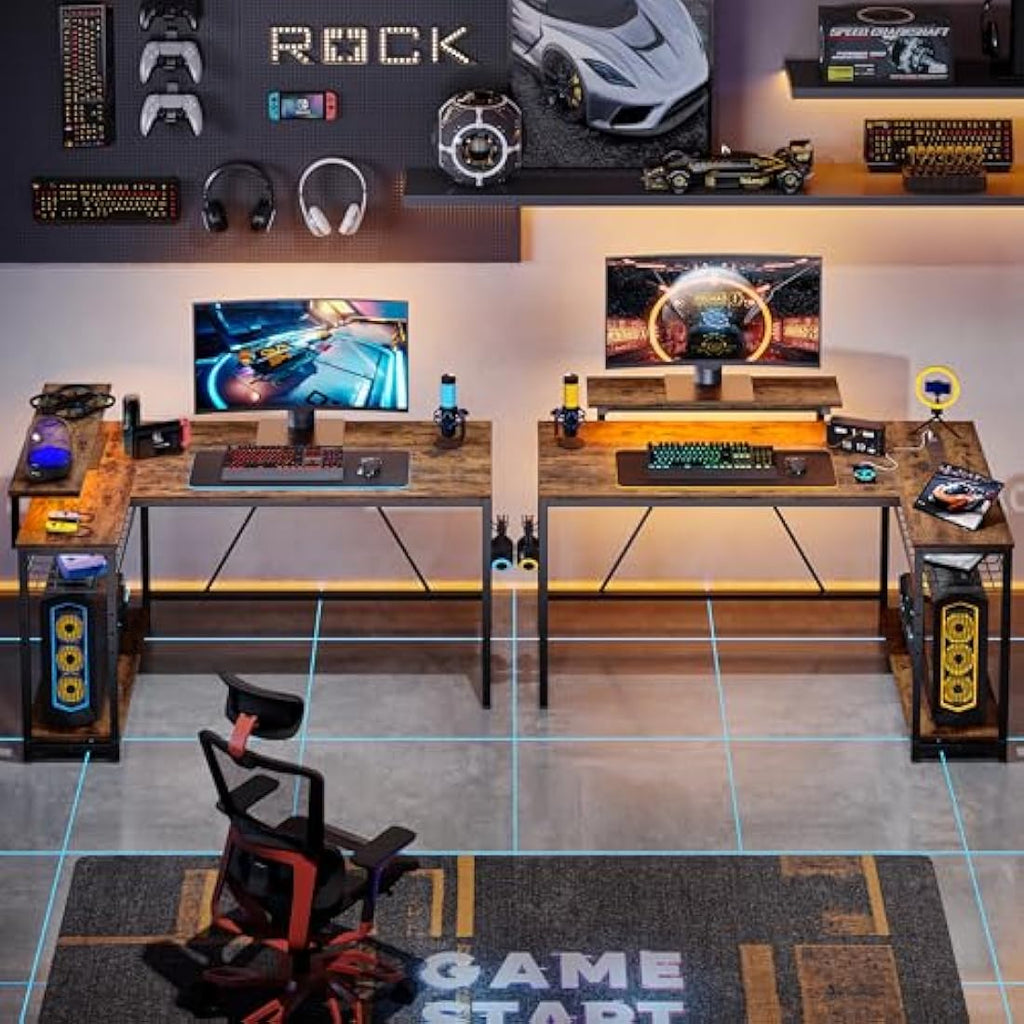 Bestier L-Shaped Gaming Desk with LED Lights and Power Outlets