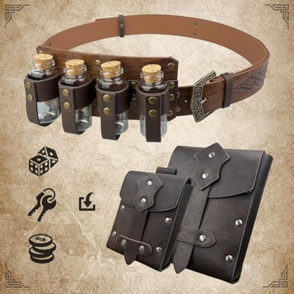 EpicCos Medieval Alchemy Belt with Potion Bottles – PU Leather Viking Pouch