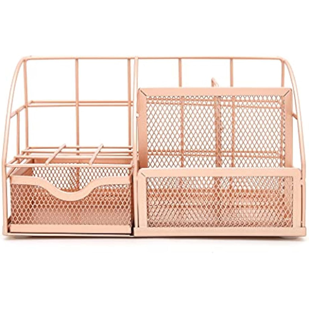 Exerz Mesh Desk Organiser | 7-Compartment Metal Tidy Caddy – Rose Gold