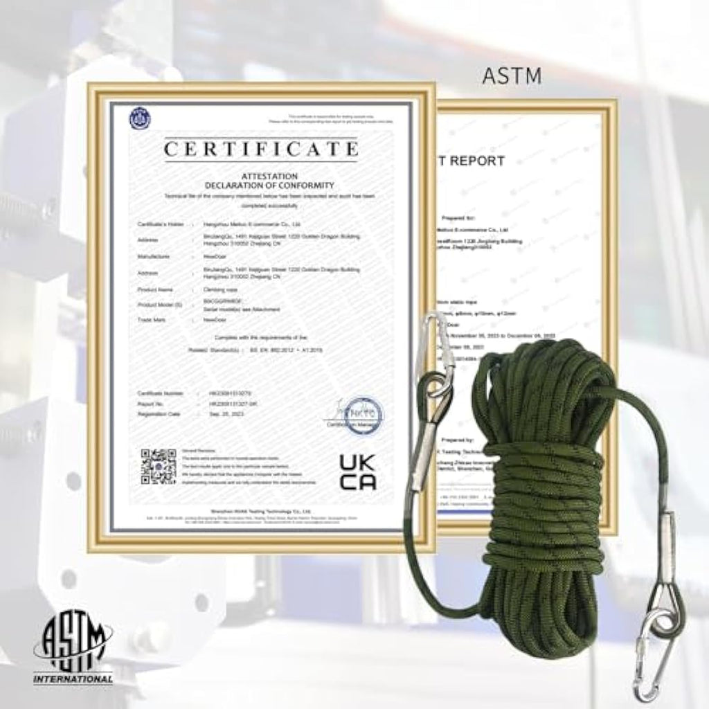 NewDoar 10mm Static Climbing Rope – 18KN Safety Cord with 2 Carabiners