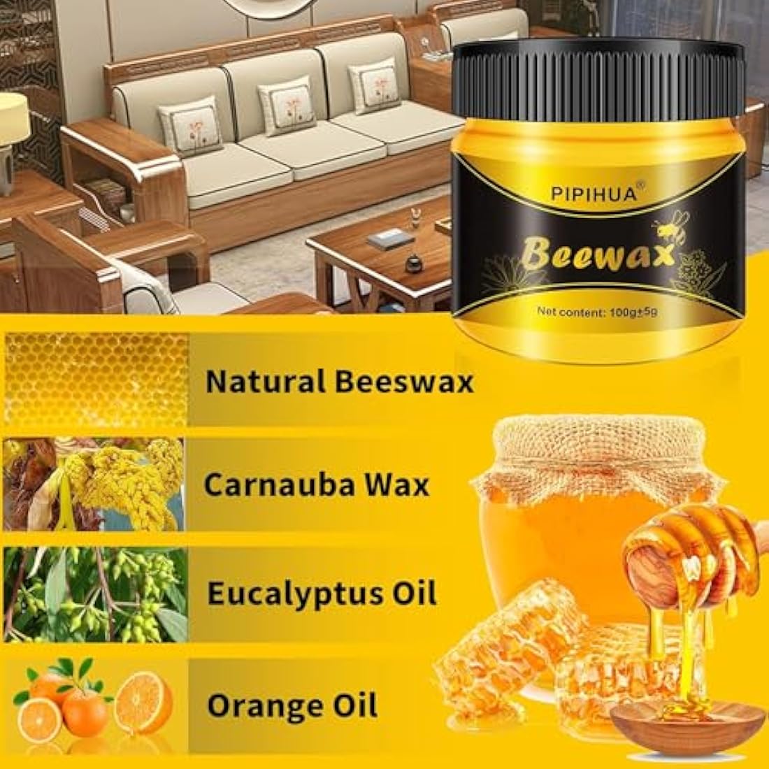 PIPIHUA Natural Beeswax Wood Polish - 4x100g Furniture Wax with 8 Sponges
