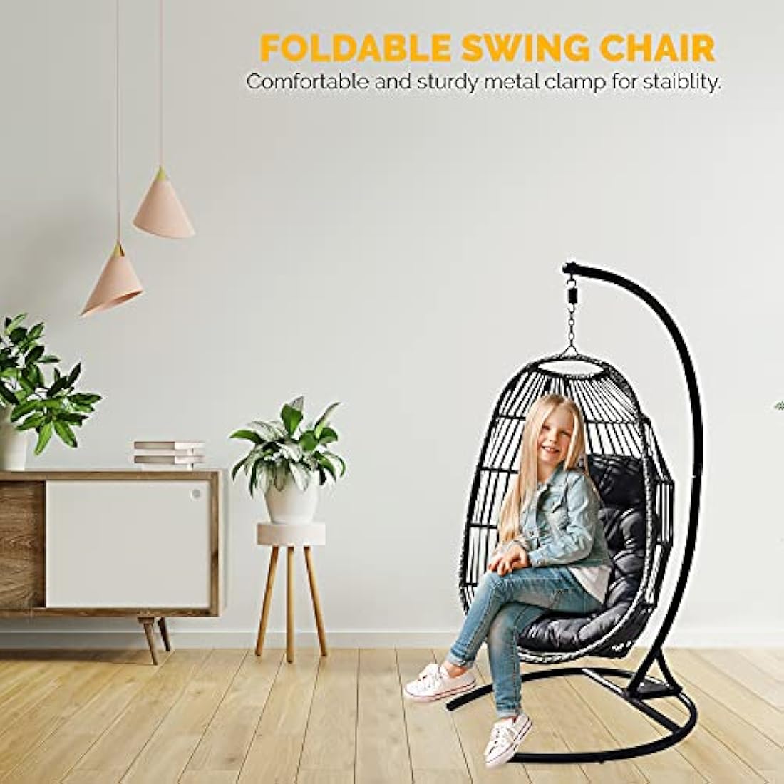SEDOL Foldable Hanging Egg Chair with Stand | Grey Rattan Swing Chair