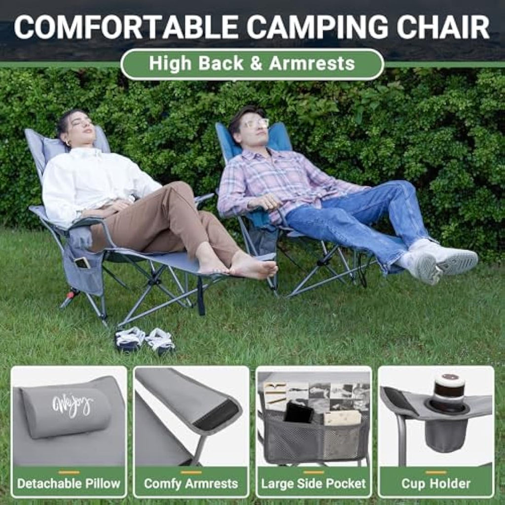 WEJOY Folding Reclining Camping Chairs with Footrest, Grey Padded - Set of 2