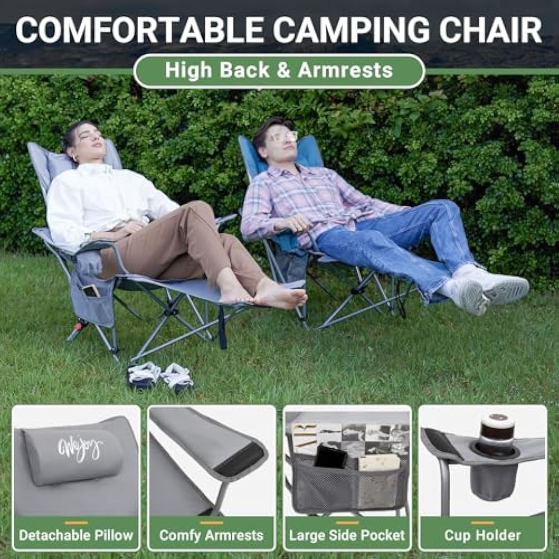 WEJOY Folding Reclining Camping Chairs with Footrest, Grey Padded - Set of 2
