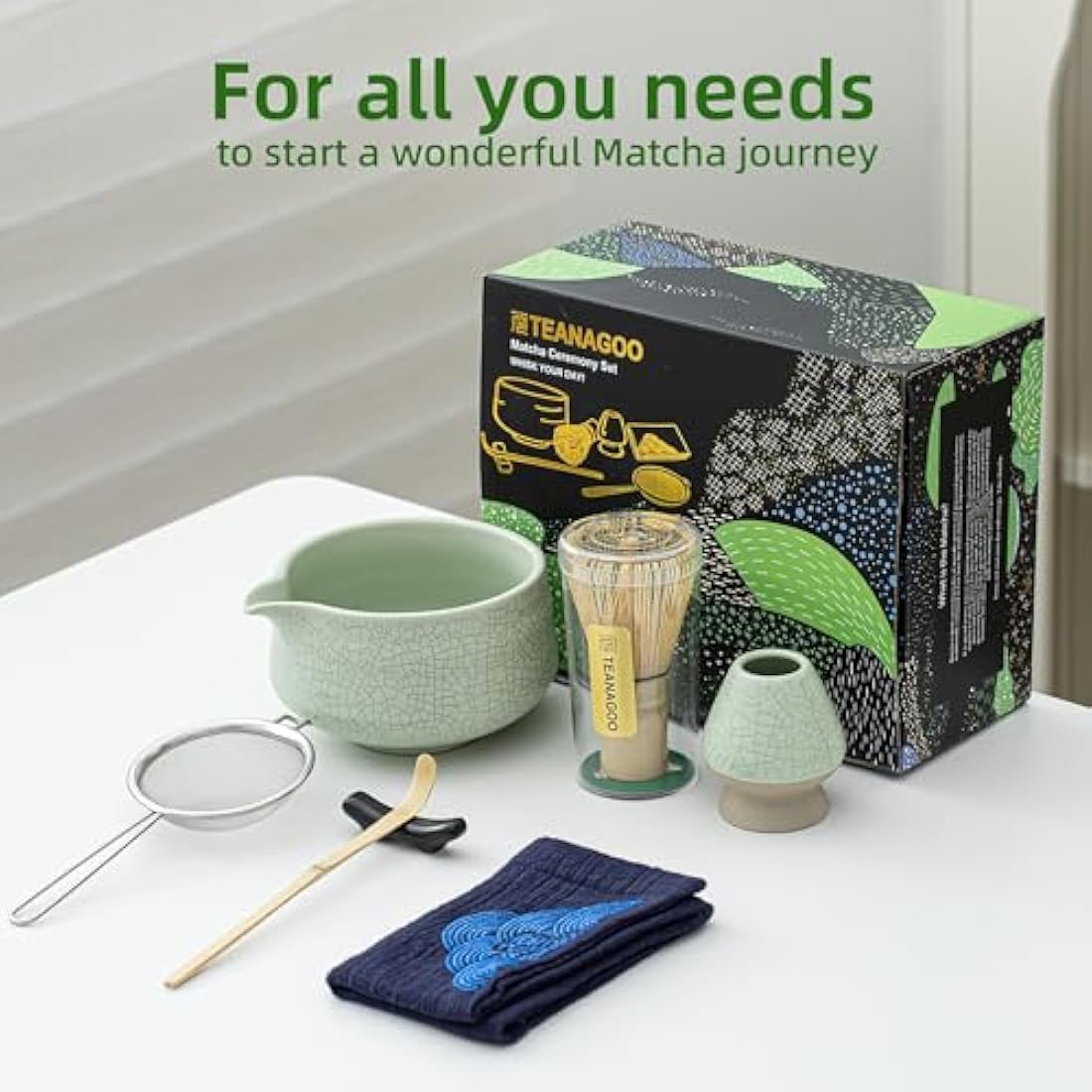 TEANAGOO 7-Piece Matcha Set | Ceramic Bowl with Spout & Bamboo Whisk