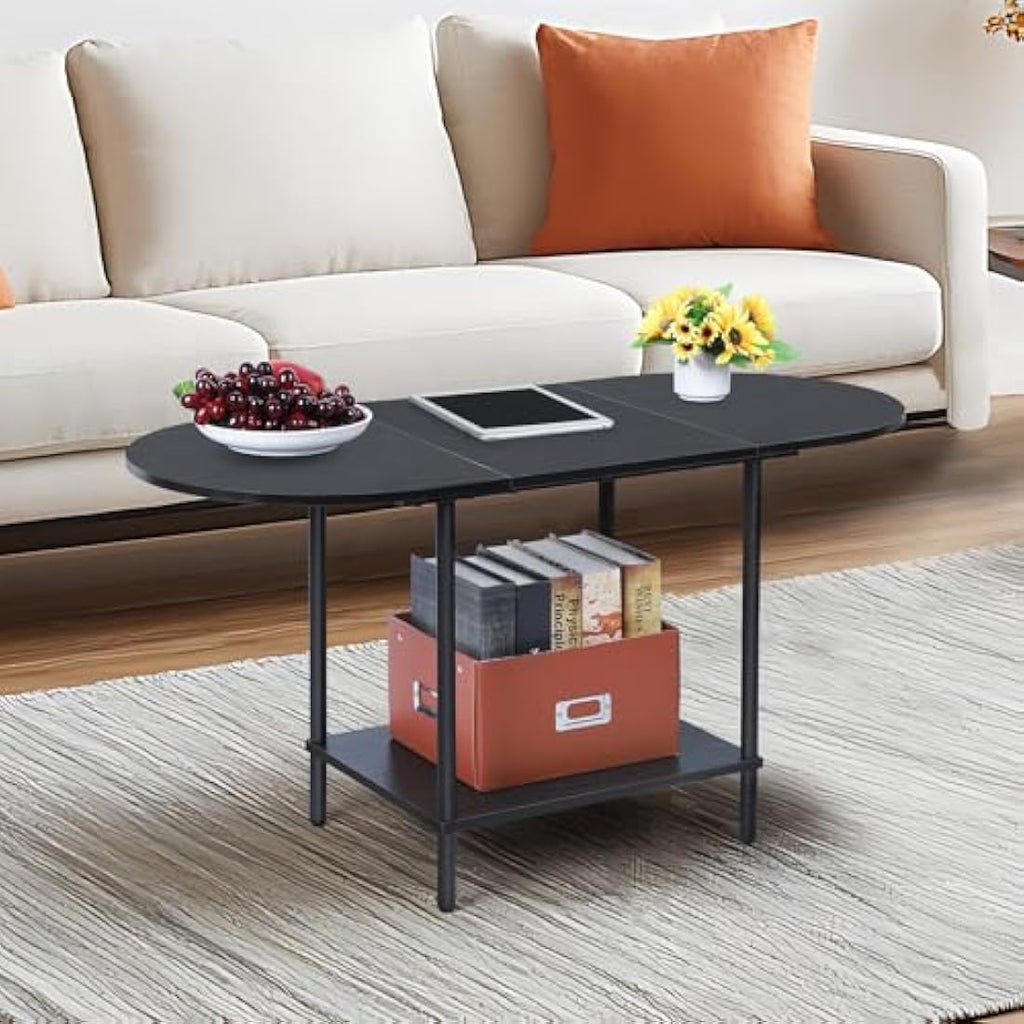 Oval Coffee Table – 2-Tier Modern Black Wood Center Table