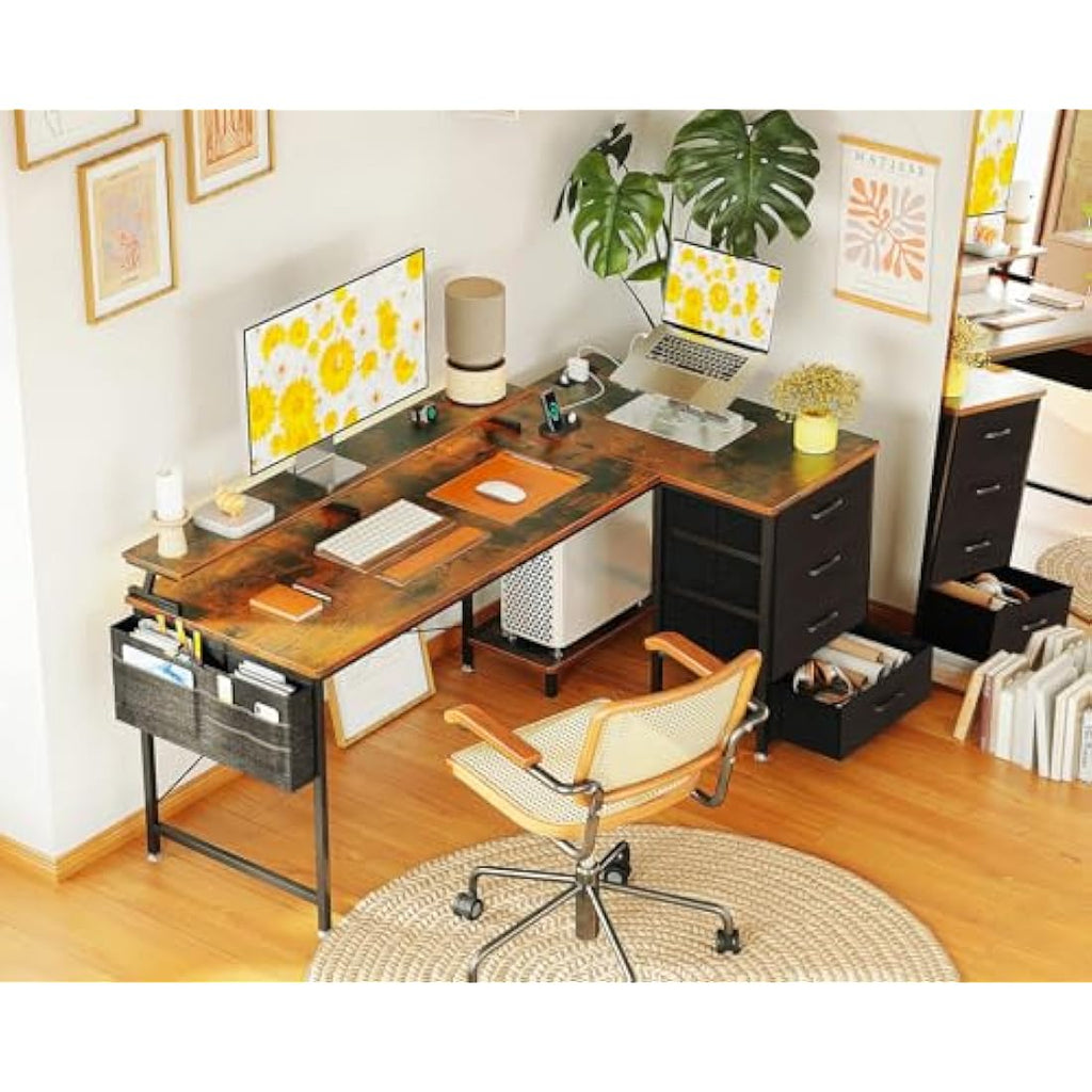 ODK L-Shaped Corner Desk with Drawers, Power Outlets & Monitor Stand