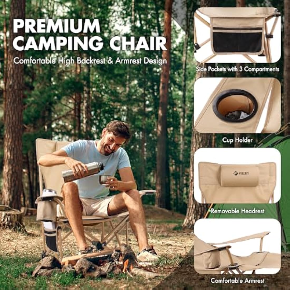VILLEY Reclining Camping Chair | Portable 2-in-1 Lounge with Footrest