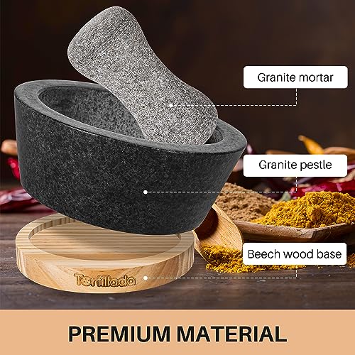 Tortillada Granite Mortar and Pestle Set – 16cm Spice Grinder with Wood Base