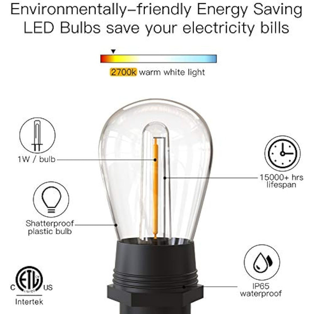 GlobaLink 53FT Outdoor Festoon Lights – IP65 Waterproof LED Garden String