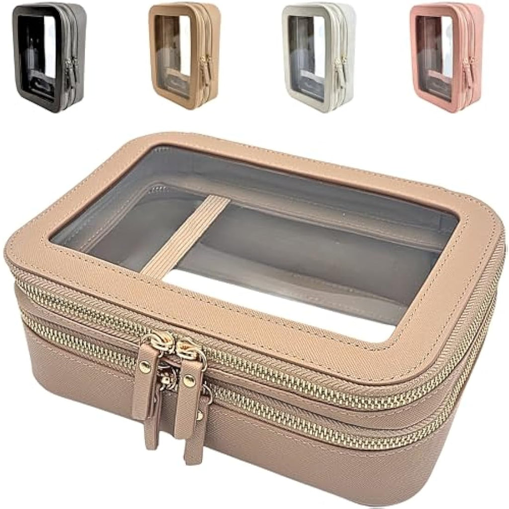 JAZD Clear Makeup Organizer | Large Travel Cosmetic Bag - Beige Saffiano