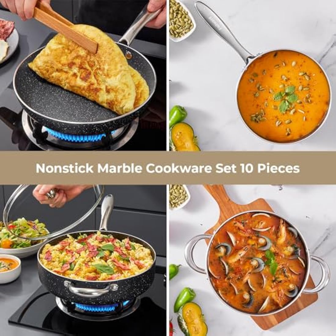 10-Piece Granite Nonstick Pots and Pans Set | Induction Cookware