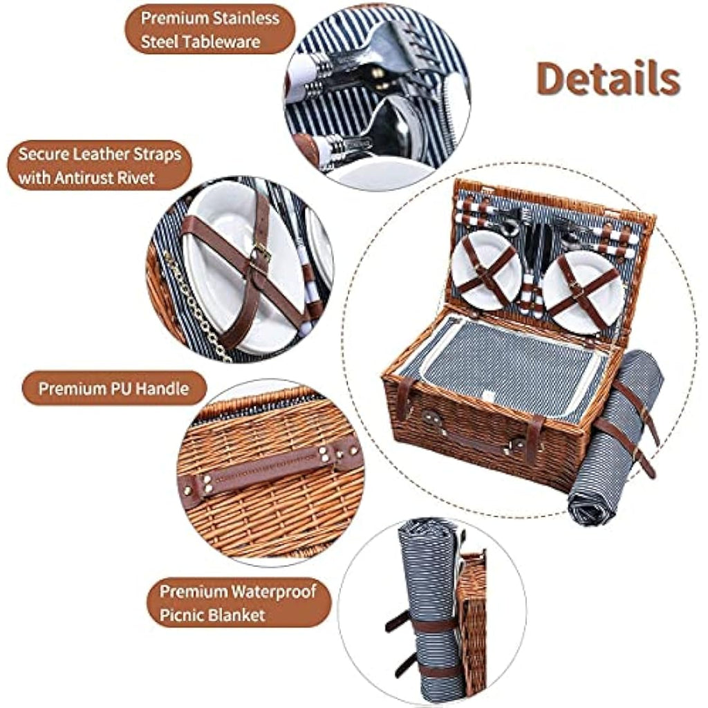 Jolof Store Wicker Picnic Basket for 4 with Insulated Cooler & Blanket