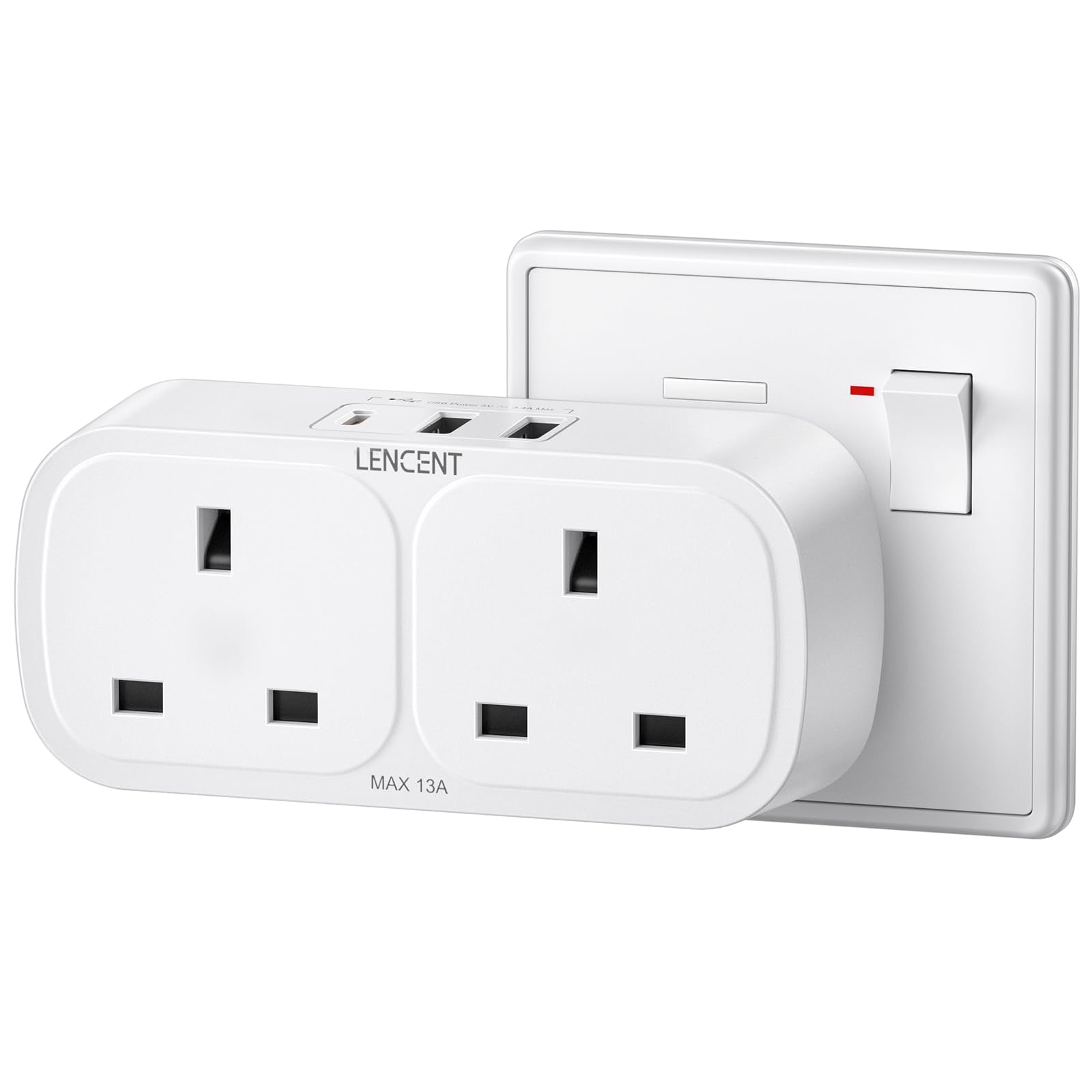 LENCENT Double Wall Plug Extension with 3 USB Ports (1 USB-C) – 13A