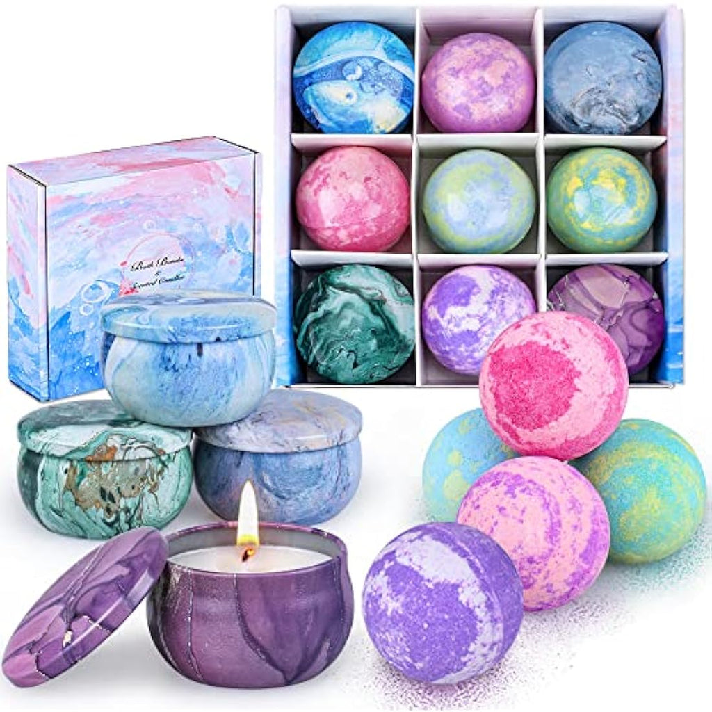 OFUN Spa Gift Set – 5 Bath Bombs and 4 Scented Soy Candles for Women
