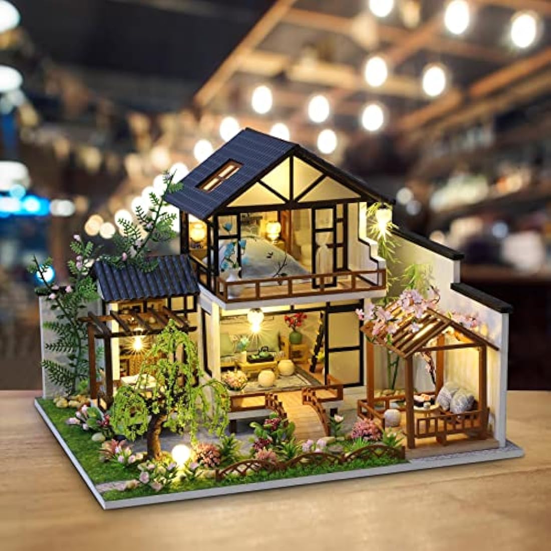 Cuteefun DIY Miniature Dollhouse Kit - Oriental Villa Wooden Model with Music
