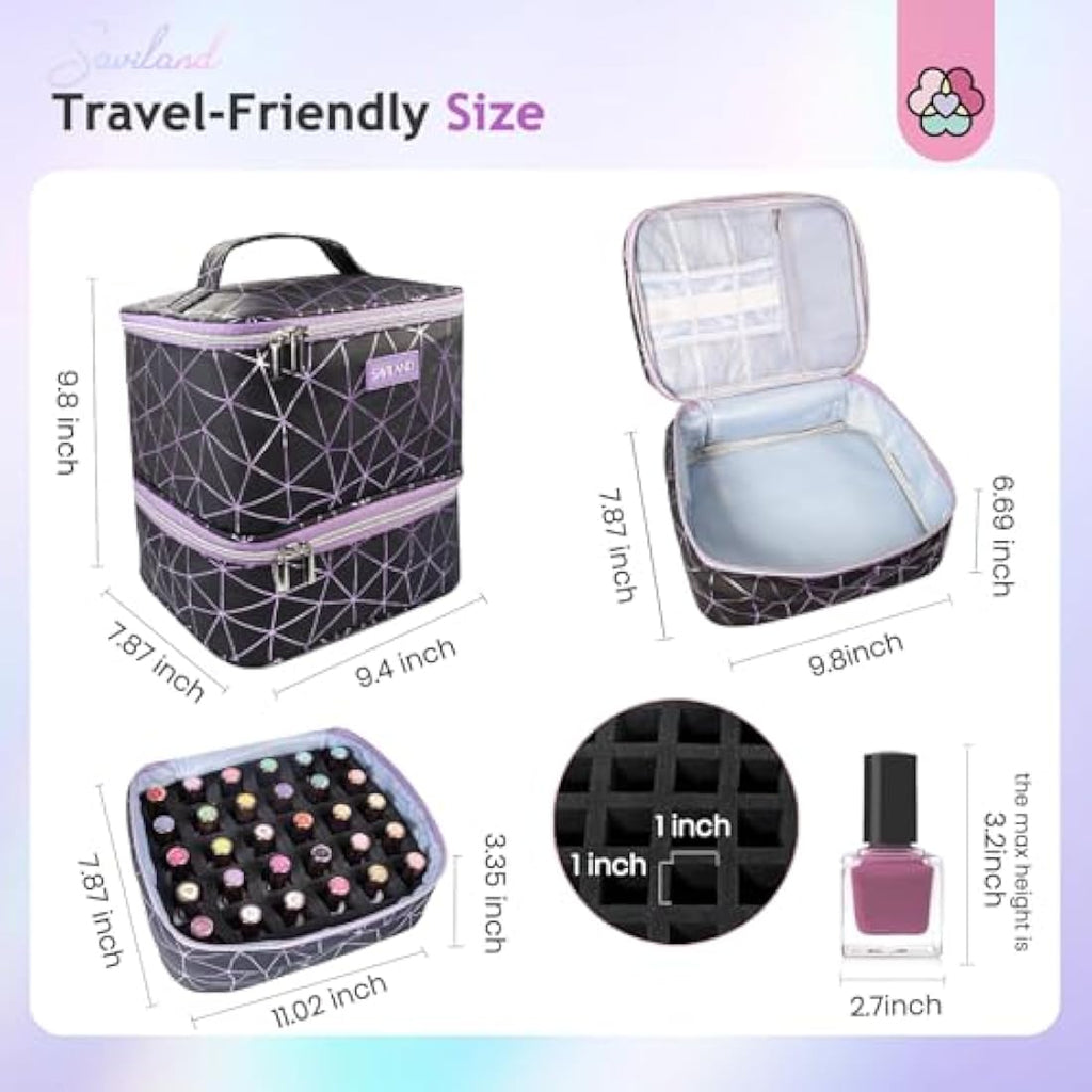 Saviland Nail Polish Organizer Bag - PU Leather Case for 30 Bottles & Lamp