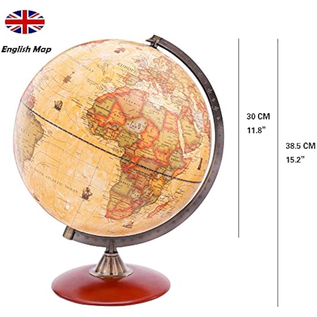 Exerz 30cm Antique World Globe | Rotating Vintage Map with Wood Base