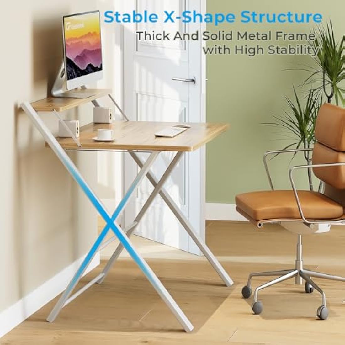 GreenForest Folding Computer Desk with Monitor Shelf | Oak Small Space