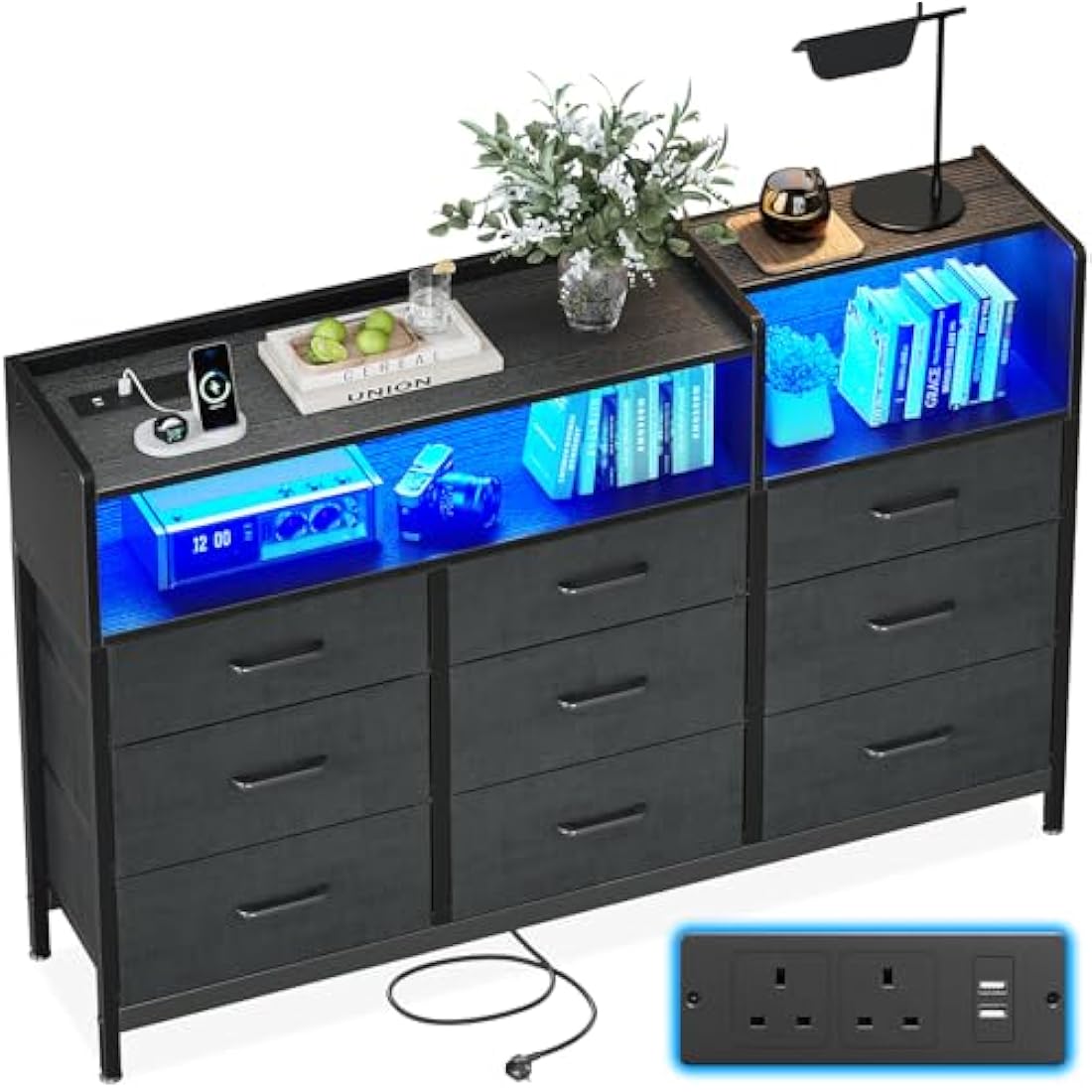 ODK 9-Drawer Dresser with LED Lights and Charging Station – Black Fabric