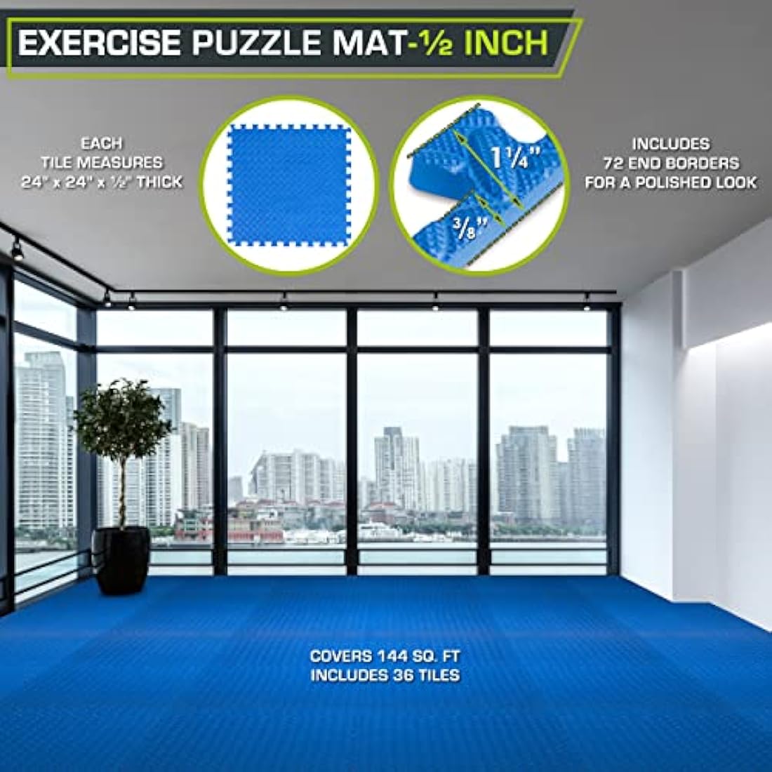 ProsourceFit Puzzle Exercise Mat – 1/2 Inch EVA Foam Tiles, Blue, 144 Sq Ft