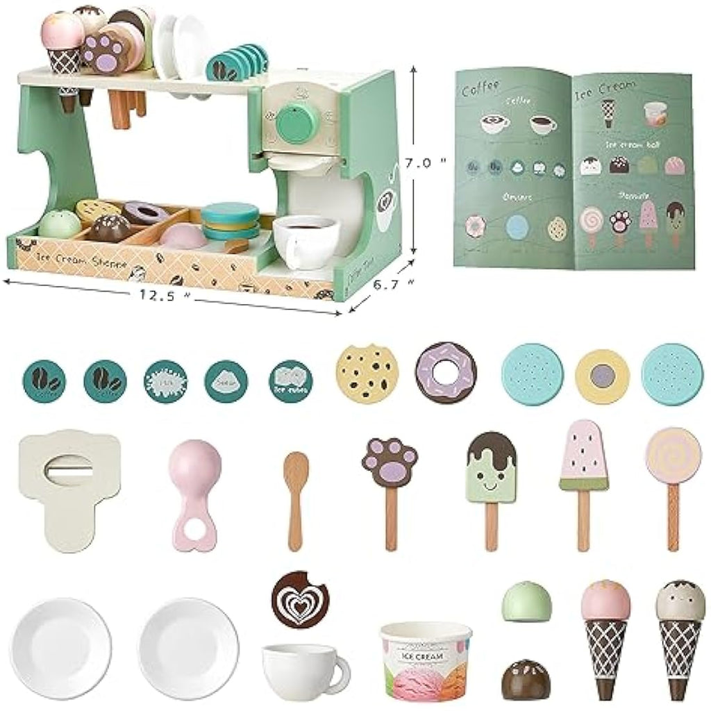 Medoga Wooden Ice Cream Counter & Coffee Maker Toy - 28 Piece Kitchen Set