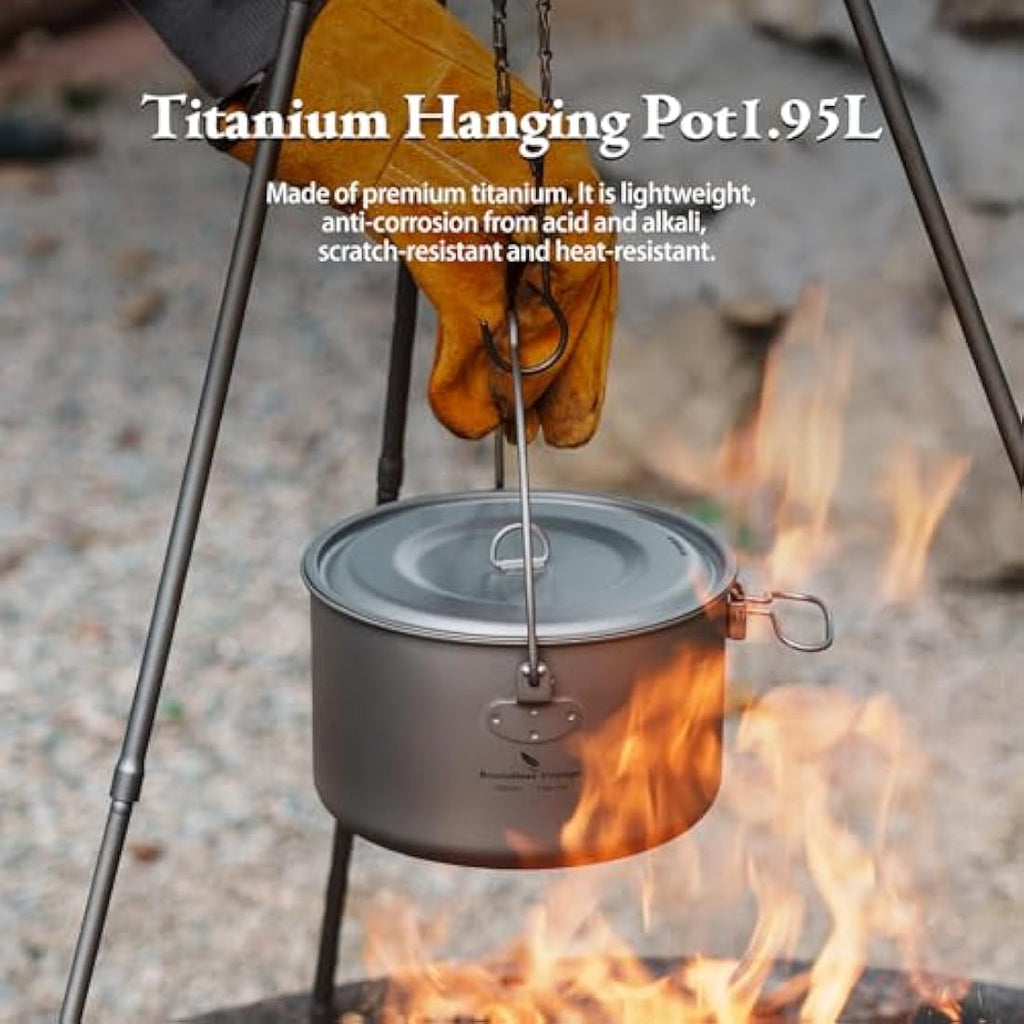 iBasingo 1.95L Titanium Hanging Pot | Ultralight Camping Cookware Mess Kit