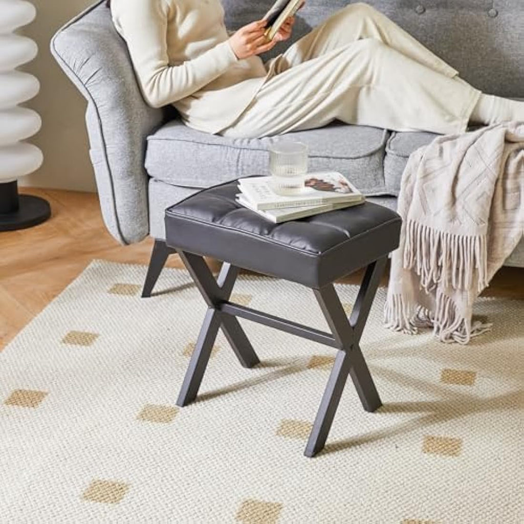 IBUYKE PU Leather Makeup Stool – Modern Vanity Ottoman with X-Legs