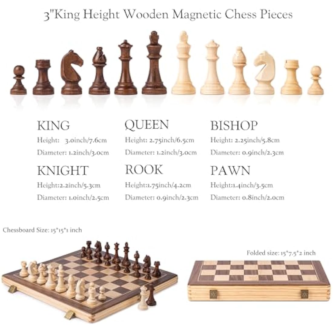 A&A 15" Magnetic Wooden Chess Set | Walnut Folding Board & Staunton Pieces