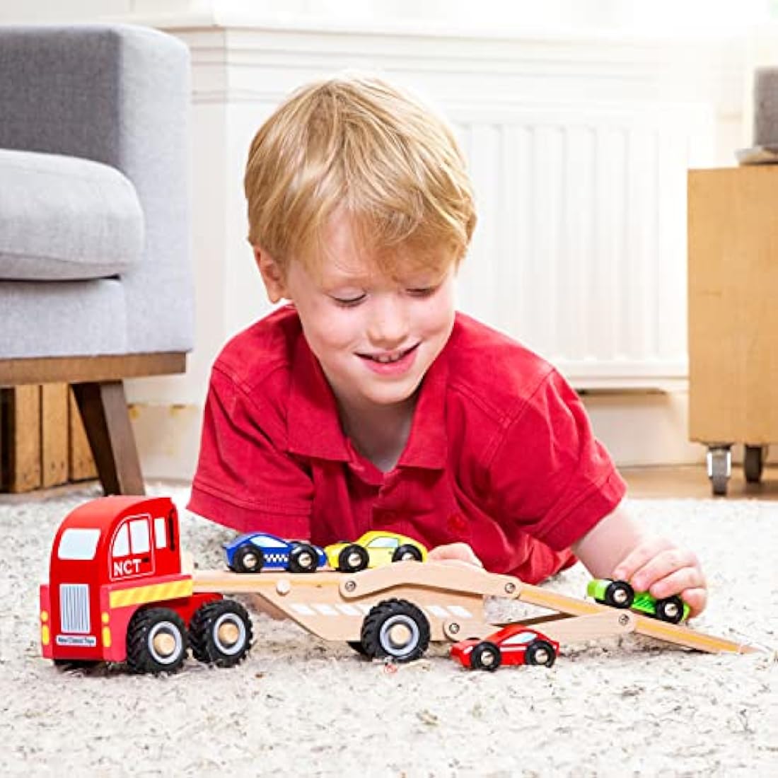 New Classic Toys Wooden Car Transporter - Montessori Toy with 4 Cars