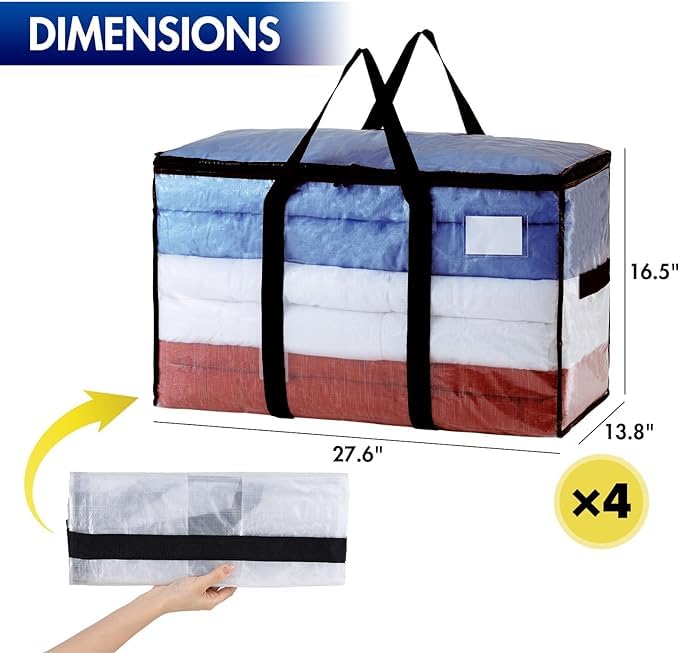 TAILI Extra Large Moving Bags | 4 Pack Clear Heavy Duty Storage Totes