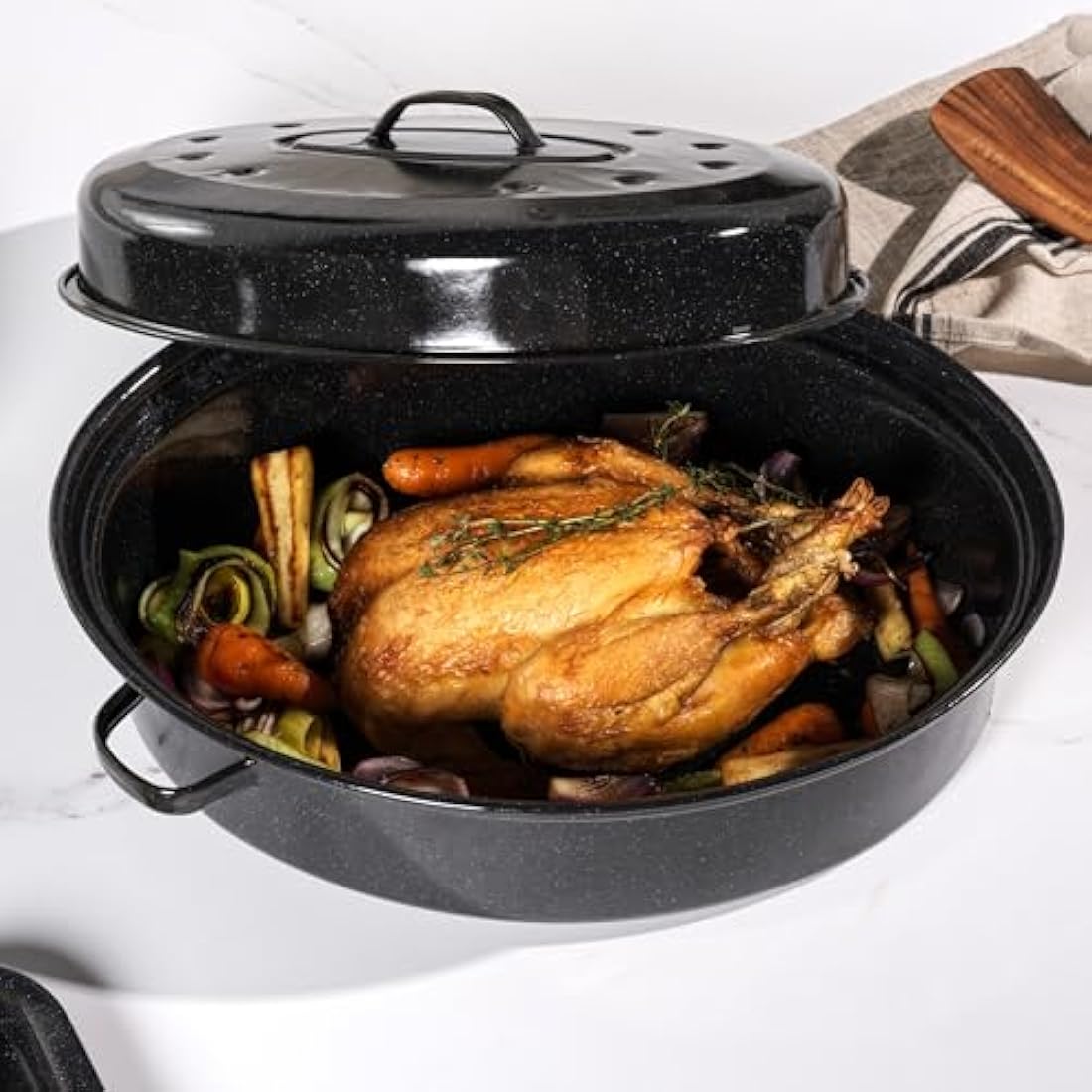Salter Self-Basting Roaster – 38cm Vitreous Enamel Steel Roasting Tin