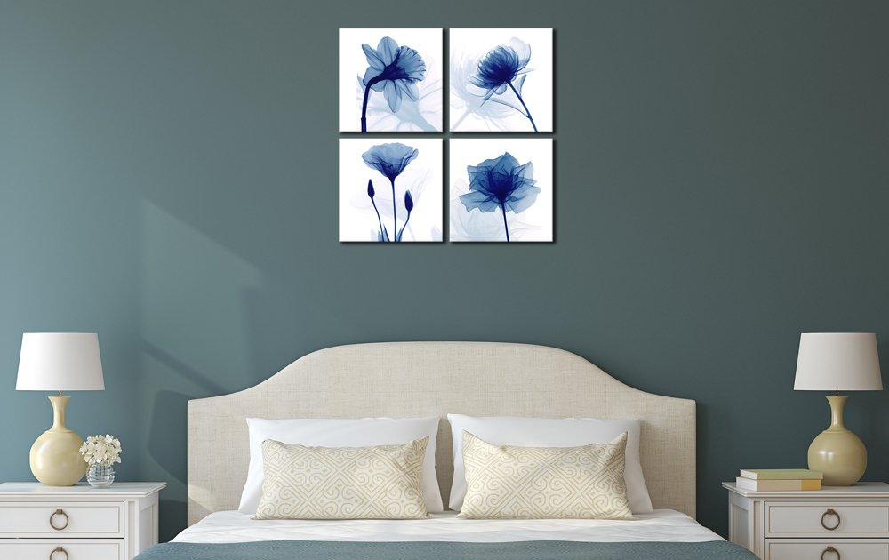 Blue Floral Canvas Wall Art – 4 Panel Abstract Flower Prints