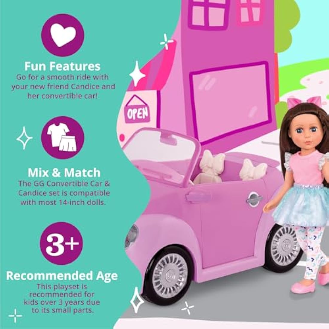 Glitter Girls Candice 14-Inch Poseable Doll & Purple Convertible Car