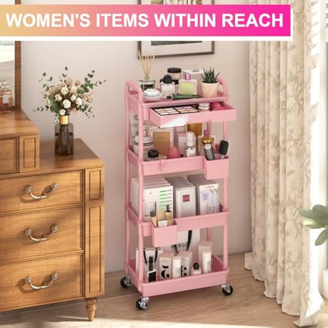 Yeabett 4-Tier Rolling Utility Cart with Drawers - Pink Storage Trolley